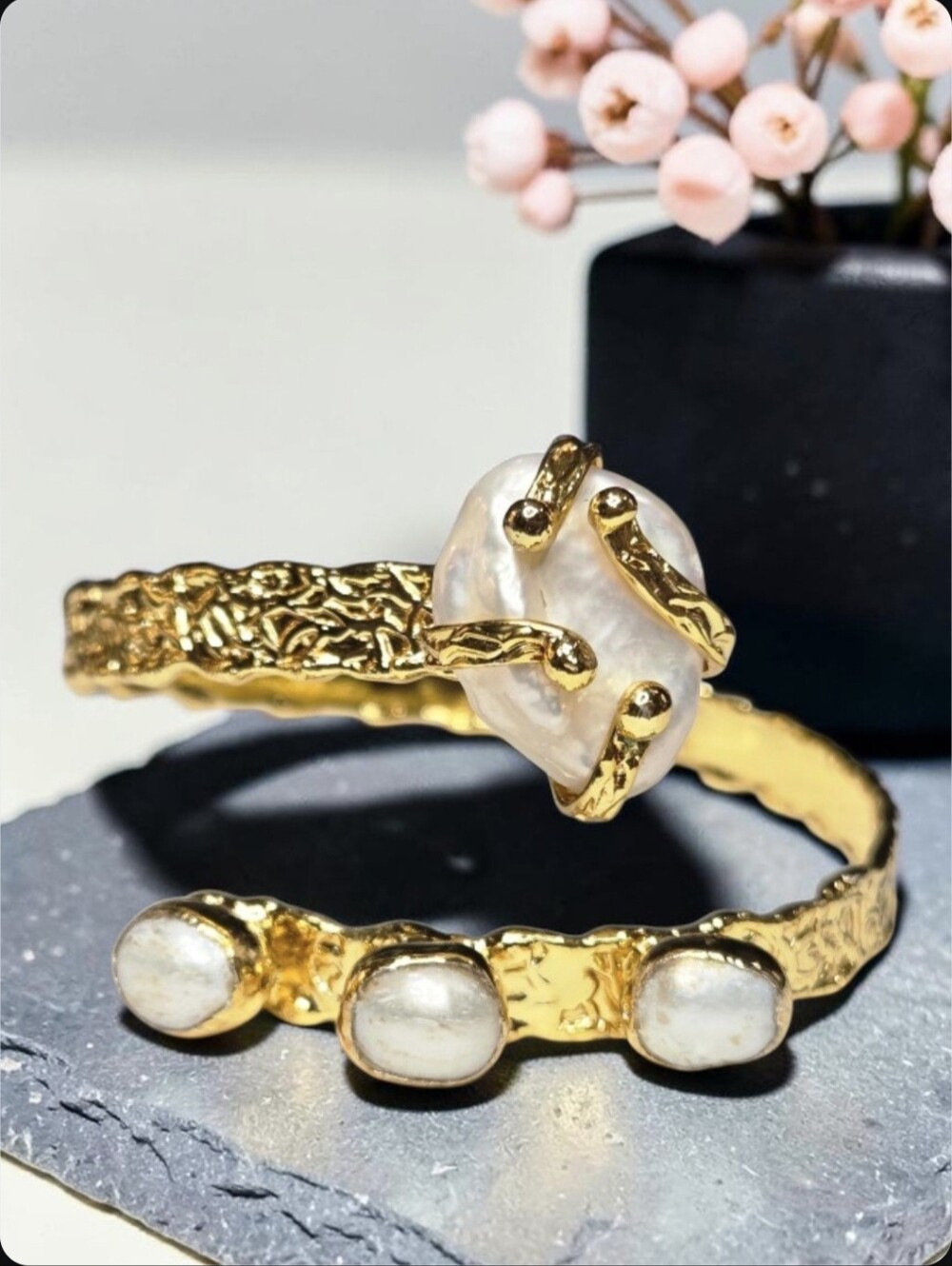 18k Gold Plated Artisan Genuine Caged Freshwater Pearl Hammered Wrap Bracelet